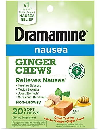 Dramamine Ginger Chews, Relieves Nausea, Lemon Honey Ginger Flavor, 20 Soft Chews | Amazon (US)