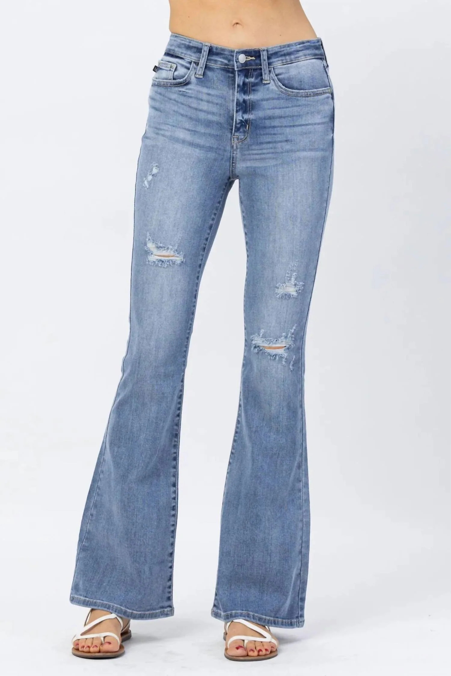 Hi-Rise Destroyed Fit & Flare Jean In Light Wash | Shop Simon