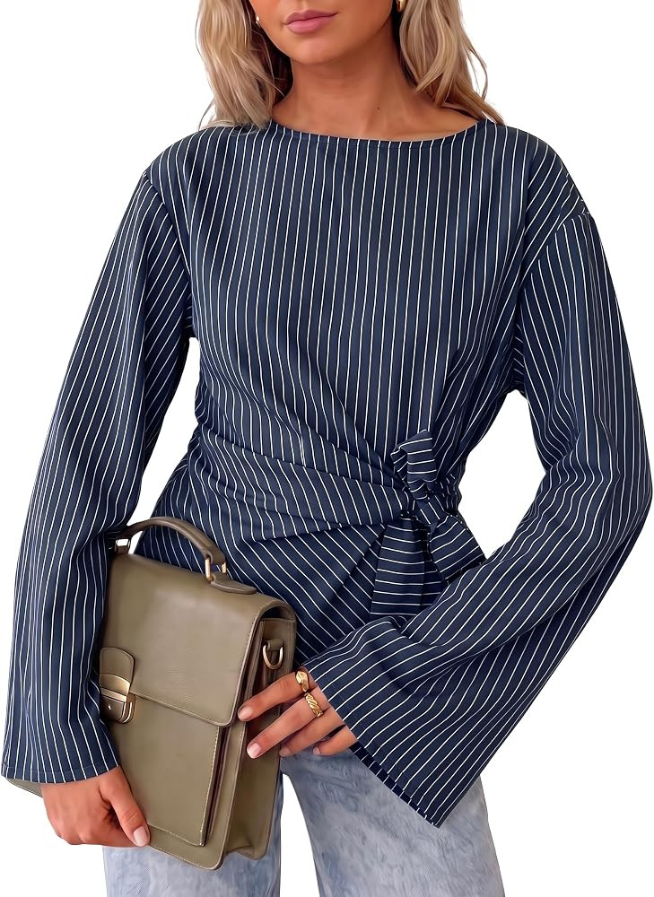 Cicy Bell Womens Cinched Waist Wrap Tops Bell Sleeve Boat Neck Blouse Shirt | Amazon (US)