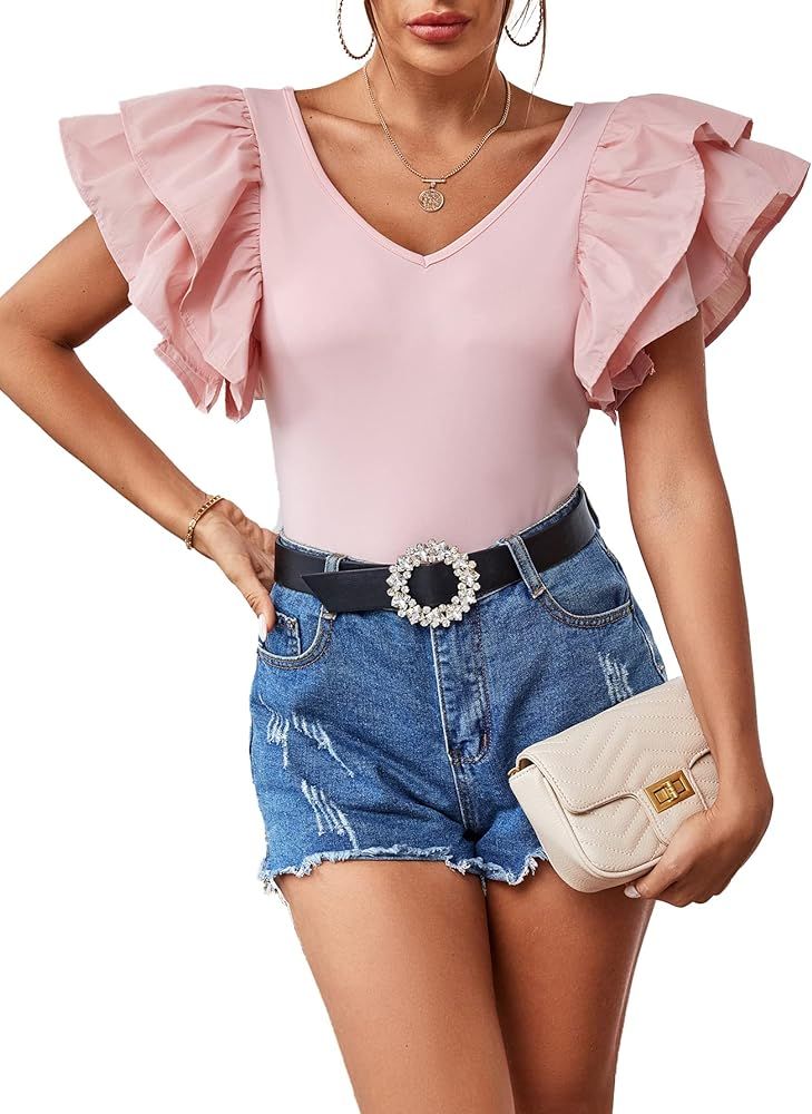 Vrtige Women's V Neck Ruffle Cap Sleeve Summer Blouse Top Shirt | Amazon (US)