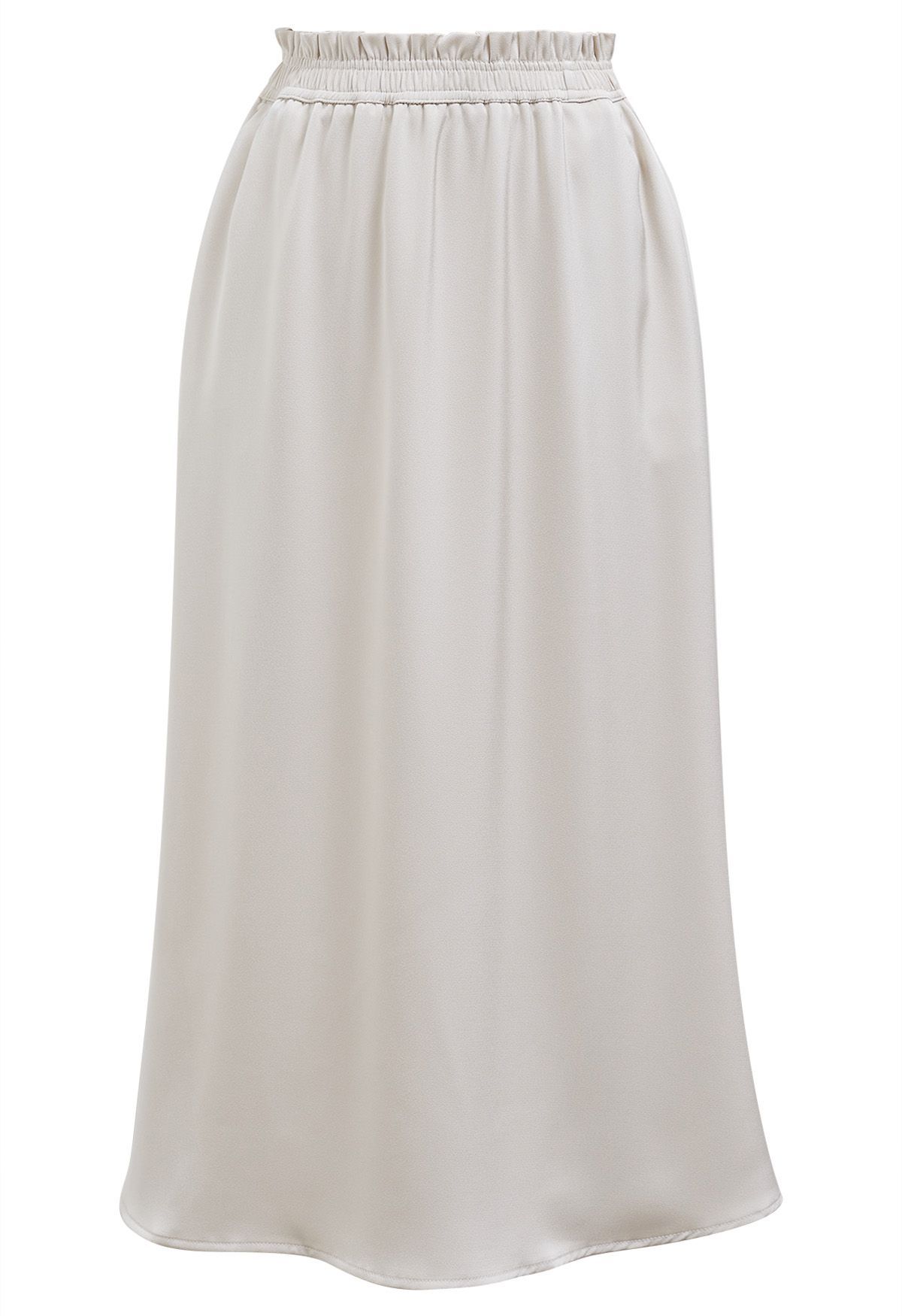 Satin High Waist Midi Skirt in Ivory | Chicwish