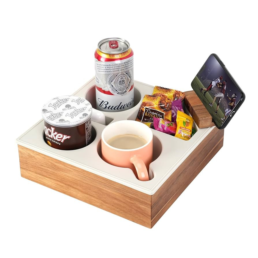 Couch Cup Holder Tray, Handy Soft Silicone Acacia Wooden Couch Caddy for Bed Car Seat Beach Organ... | Amazon (US)