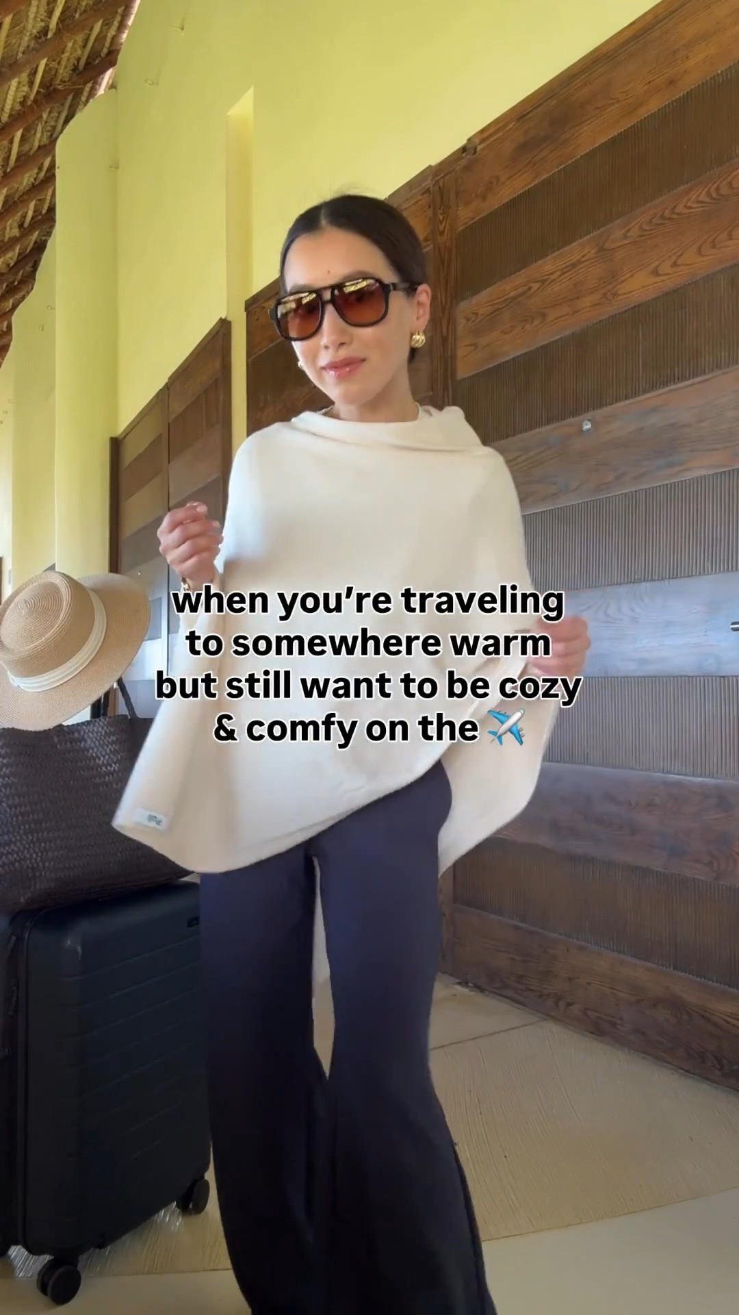 Lightweight poncho color is “A-beige” and is off white.  This Travel outfit also looks good with any sneakers!

• Aritzia trousers 2XS short, these are amazing! Drapey fabric, stretch waist, wrinkle resistant. I also have regular sizing and hemmed them 

• Amazon poncho sweater scarf wrap “A-beige ” thinner weight but good for planes and warmer destinations 

• lululemon cropped t-shirt size xxxs (could also do XXS) nice medium-weight breathable cotton, softly structured and perfect petite friendly length

• Dolce Vita jelly flats size 5, size down if you're a half size

• Madewell woven leather tote - My favorite work / mom / travel bag that fits my laptop and much more

• Madewell aviator sunglasses

• Amazon packable sunhat with an adjustable inner fit. I’ve owned this for years 

• Away the bigger flex carry-on suitcase, lightweight, roomy size and durable. I've traveled a lot with this.

Petite friendly travel outfit, family vacation,  easy mom outfit

#LTKTravel #LTKootd #LTKPetite