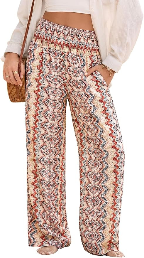 Dokotoo Women's Summer Boho Floral Bagyy Pants Wide Leg High Smocked Waist Casual Loose Palazzo P... | Amazon (US)