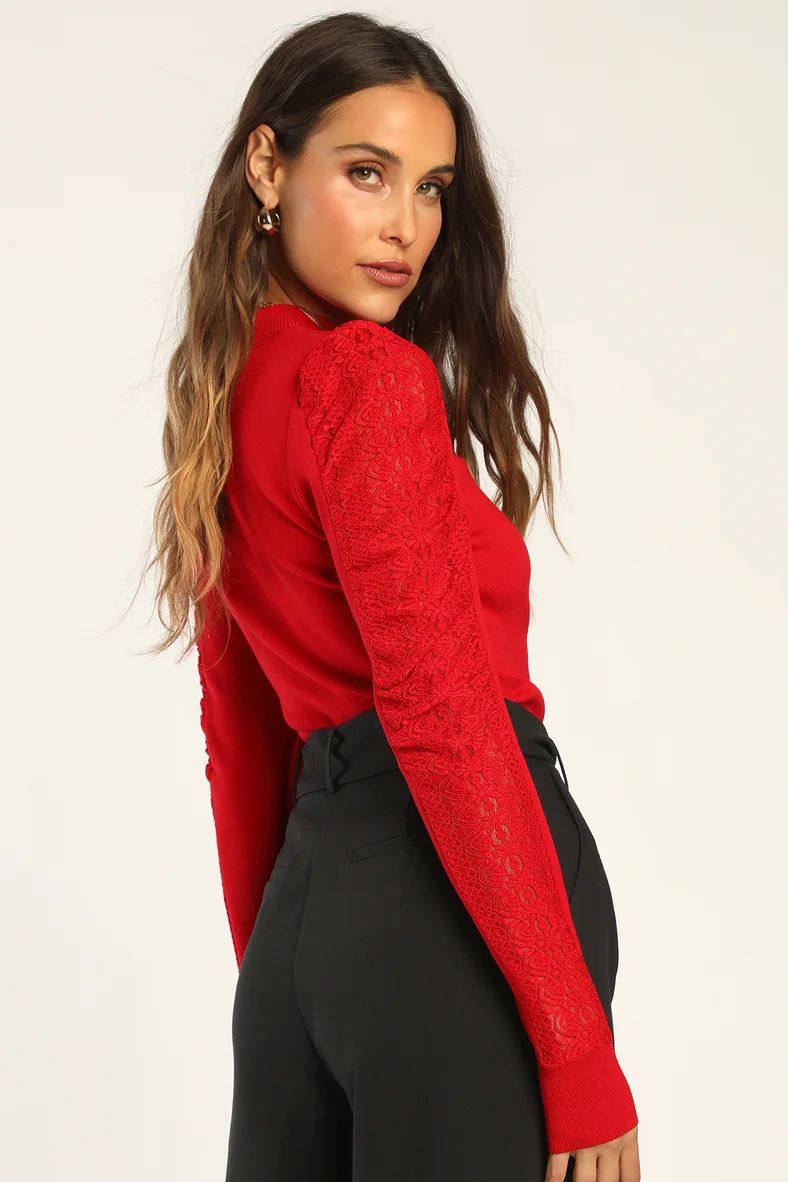 So Much to Say Red Lace Puff Shoulder Sweater Top | Lulus (US)