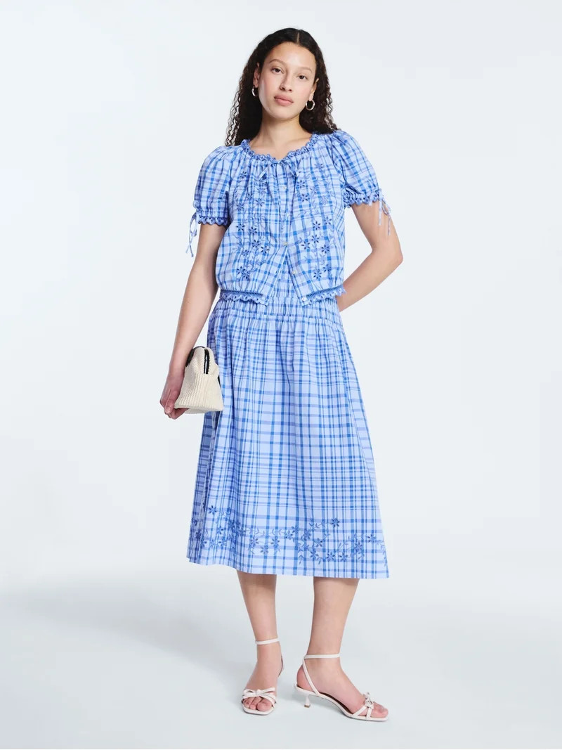 Free Assembly Women's and Women's Plus Embroidered Cropped Cotton Top with Short Sleeves, Sizes-X... | Walmart (US)