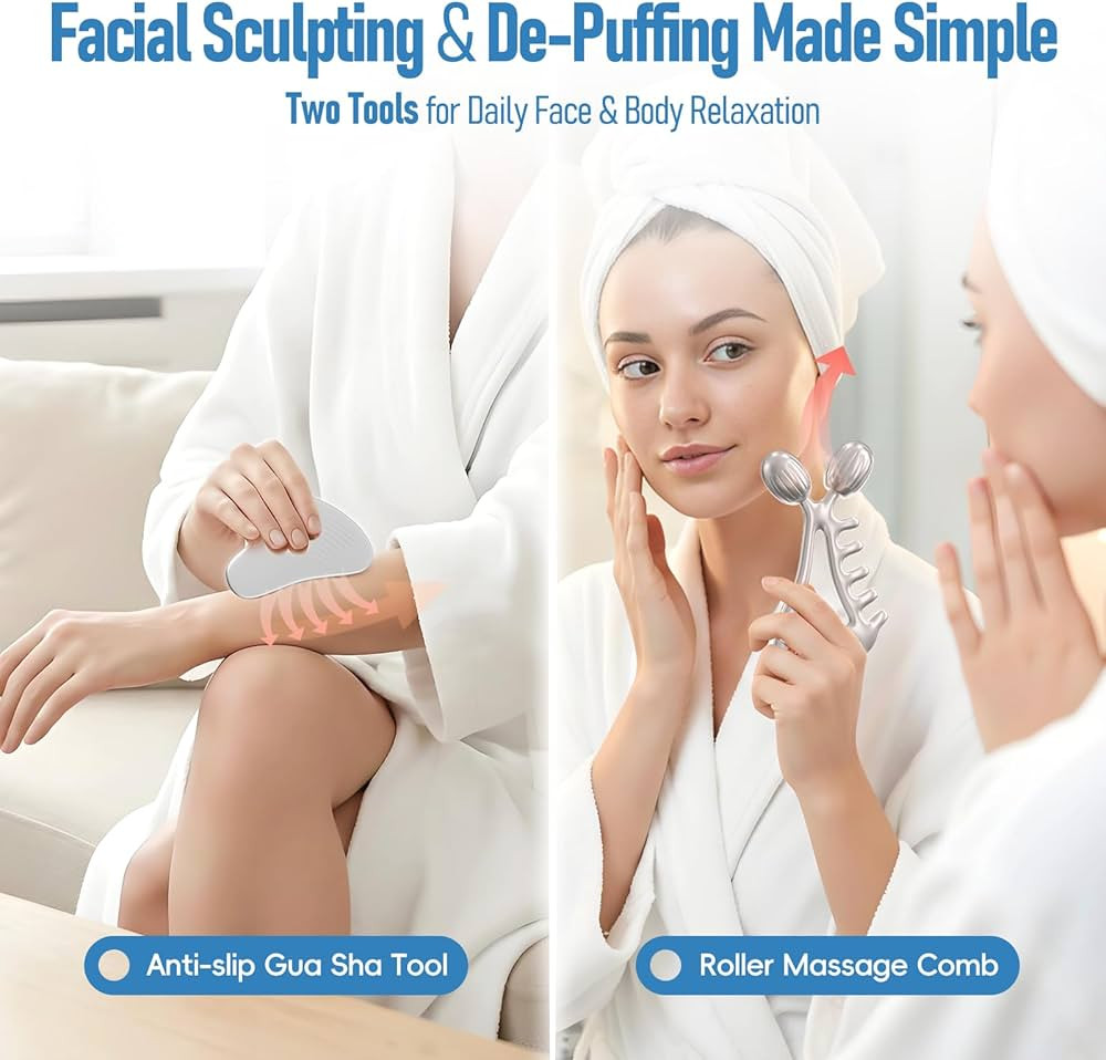 Gua Sha Facial Tools & Face Roller Set, Stainless Steel Facial Massager Tools for Lymphatic Drain... | Amazon (US)