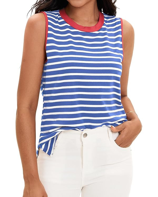 Womens Striped Tank Tops Color Block Side Slits Crewneck Summer Tops Casual Loose Fit Sleeveless ... | Amazon (US)