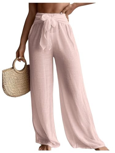 SHENHE Women's Swim Cover Up Pants Tie Front Wide Leg Loose Beach Palazzo Pants Coverups Pink Large | Amazon (US)