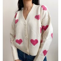 Unique Cardigan With Pink Hearts, Valentines Day Gift For Her, Knit Top, Soft Women Sweater, Outfit, V Neck Bottom Up Jacket | Etsy (US)
