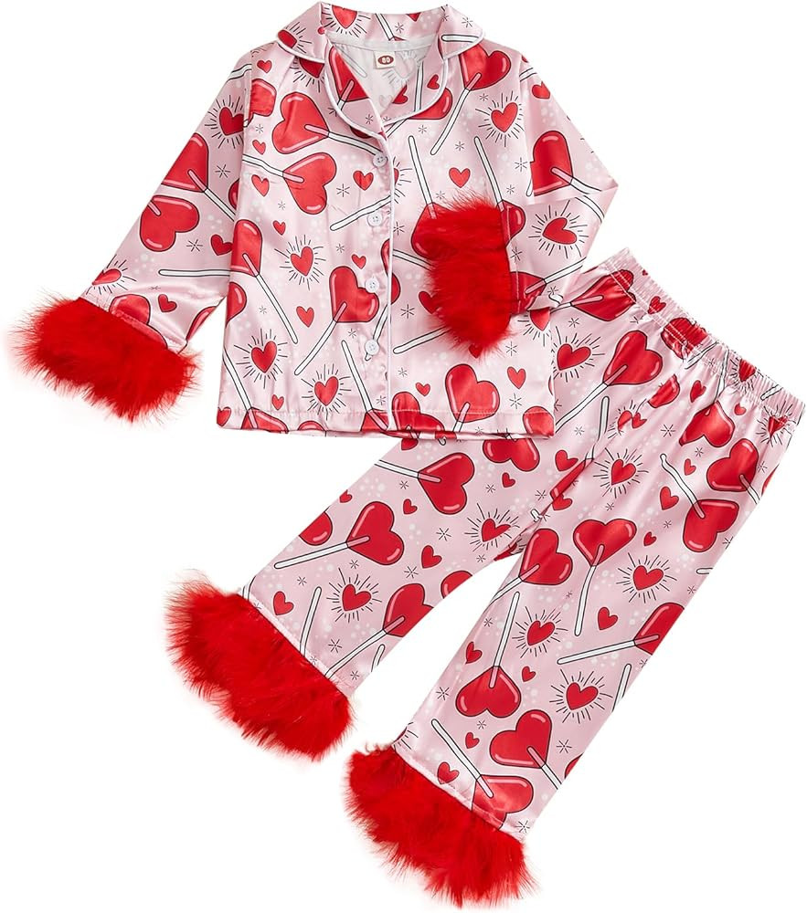 Ayalinggo Baby Girl Bow Pajamas Toddler Kids Silk Valentines Pjs Feather Trim Satin Sleepwear Nig... | Amazon (US)