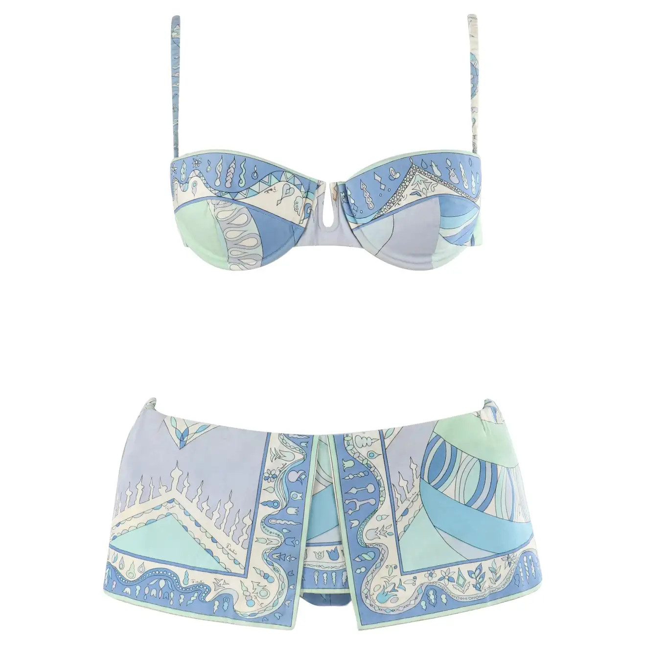 EMILIO PUCCI 1960’s Multicolor Nordic Motif Signature Print 2 Pc Bikini Swimsuit | 1stDibs