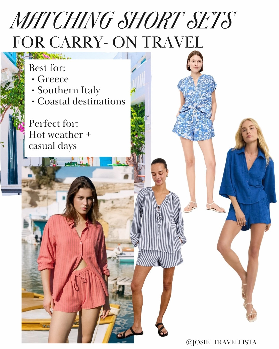 Matching sets that actually work for carry-on travel.

Short sets → best for hot, casual destinations like Greece, southern Italy, and Spain
Skirt sets → perfect for city days and easy day-to-dinner outfits
Pant sets → linen or cotton gauze only (lightweight, breathable, and easy to rewear)

The key is choosing sets that mix with the rest of your capsule, not just look good together.

Sharing short, skirt, and lightweight pant sets I’d actually pack for a summer trip to Europe and the one set I packed last summer (the black and white gingham skirt set)✨