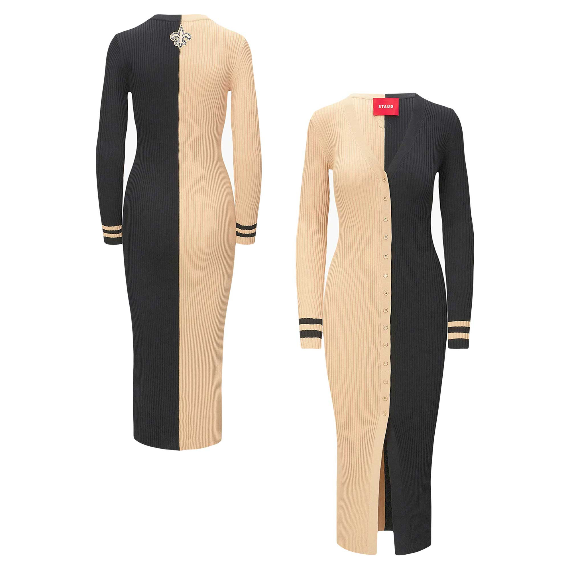 Women's STAUD Gold/Black New Orleans Saints Shoko Knit Button-Up Sweater Dress | Fanatics