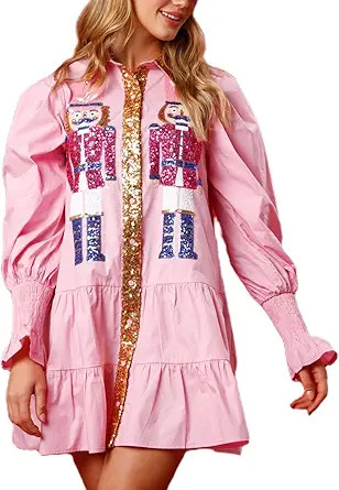 Women Christmas Sequin Skirt Nutcracker Sweatshirt T-Shirt Dress Holiday Party Long Sleeve Santa ... | Amazon (US)