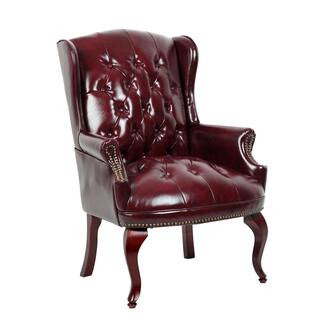 BOSS Office Products Wing Back Chair Burgundy Vinyl Mahogany Button Tufted Brass Nail Heads B809-... | The Home Depot