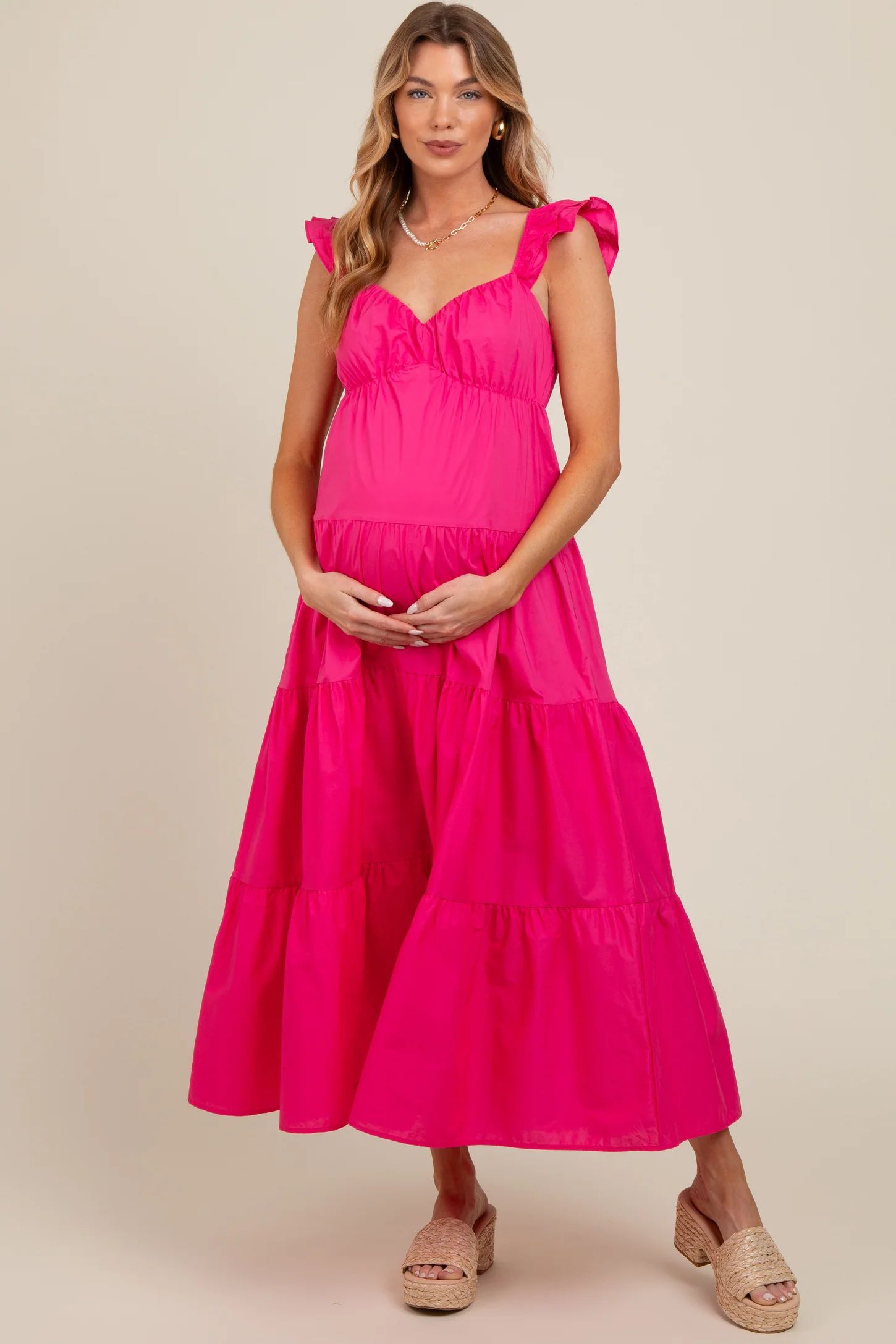 Fuchsia Sleeveless Tiered Maternity Maxi Dress | PinkBlush Maternity