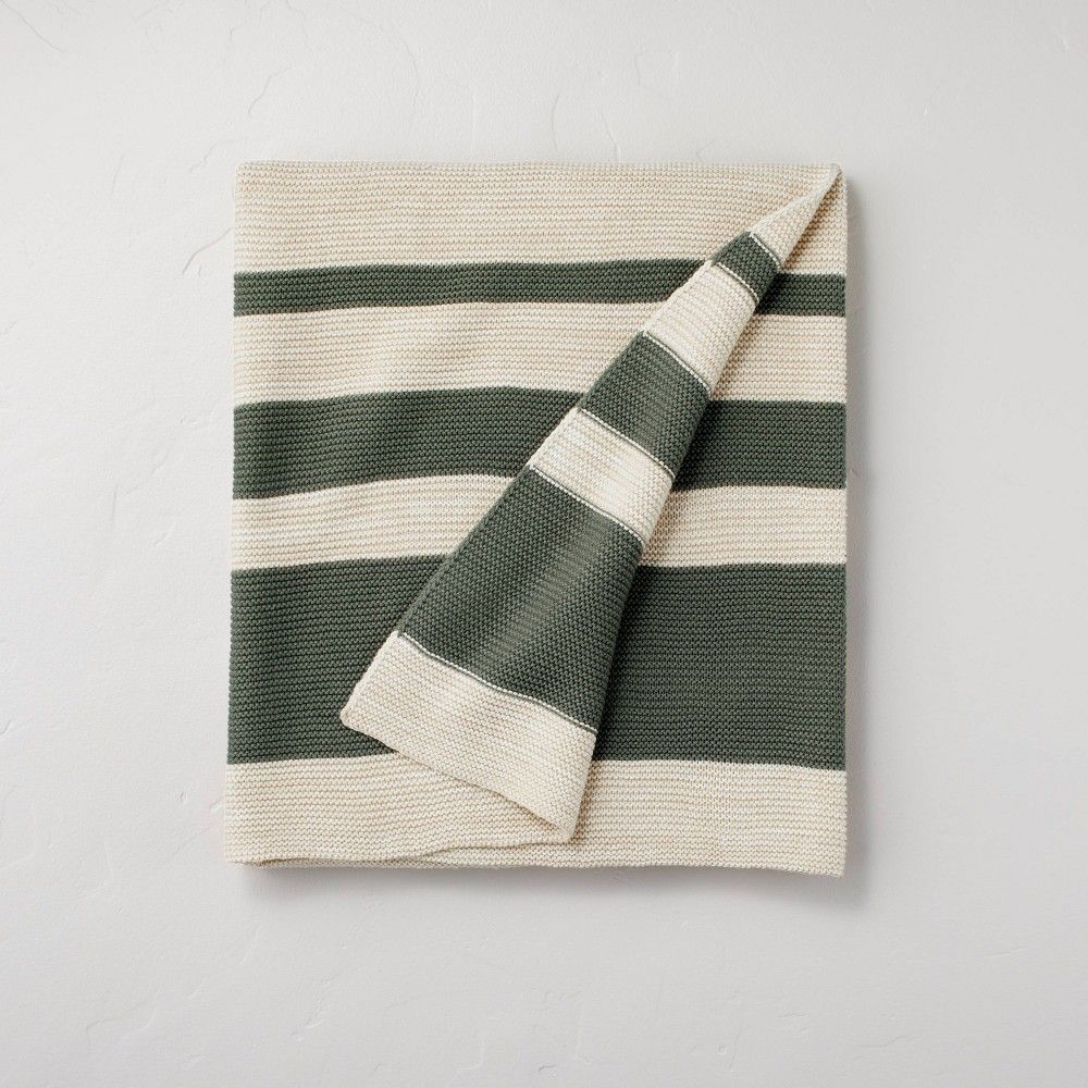 Color Block Wide Stripe Knitted Throw Blanket Dark Green/Oatmeal - Hearth & Hand with Magnolia | Target