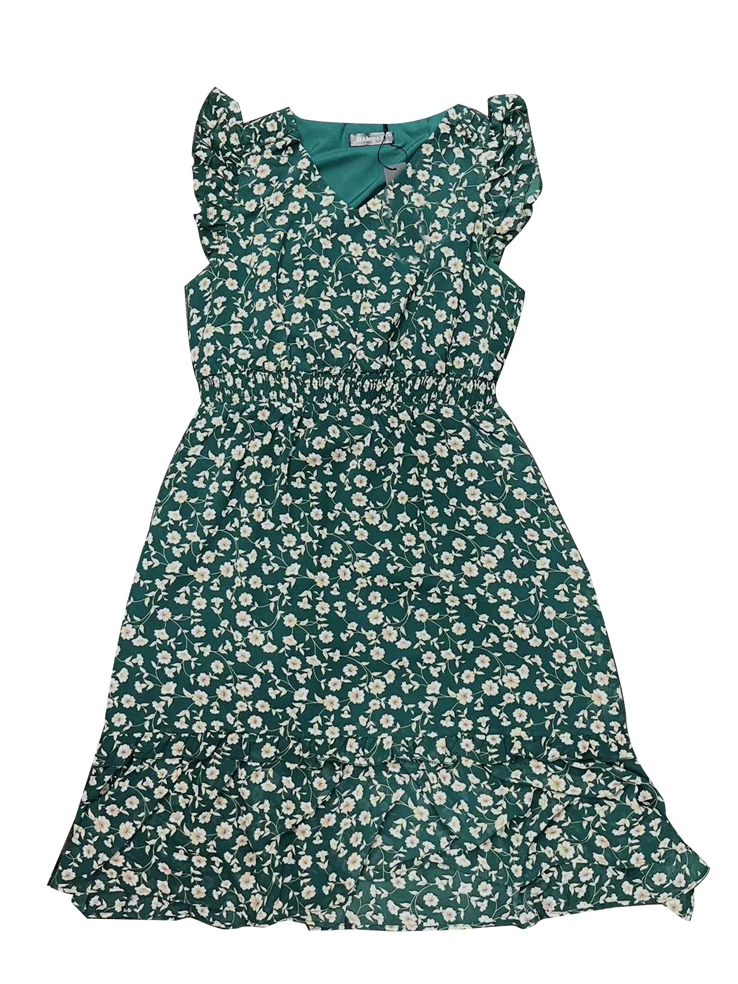Unique Bargains Women's Floral Flutter Sleeves V Neck Smocked Ruffle Dress M Green | Walmart (US)