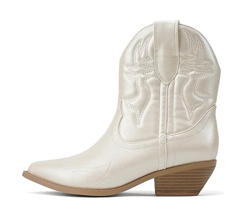 Soda Women Cowgirl Cowboy Western Stitched Ankle Boots Pointed Toe Short Booties Rigging-S (Cream Pearl, 5.5) | Amazon (US)