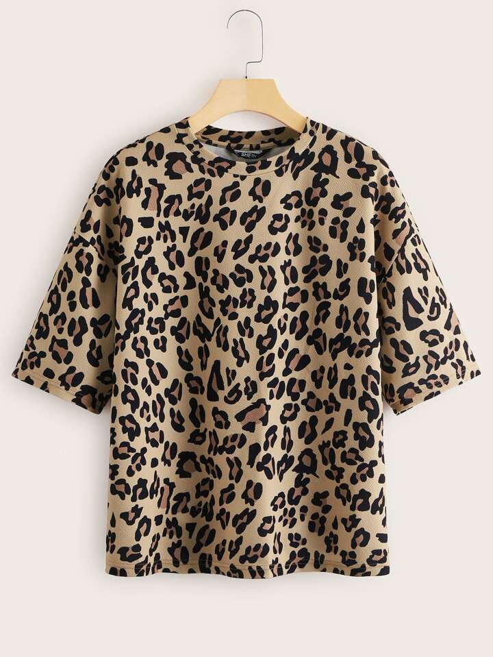 SHEIN Mulvari Leopard Print Dropped Sleeve Tee | SHEIN