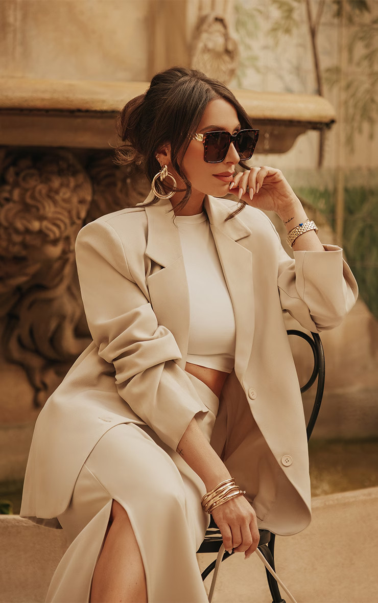 Stone Woven Oversized Boxy Blazer | PrettyLittleThing US