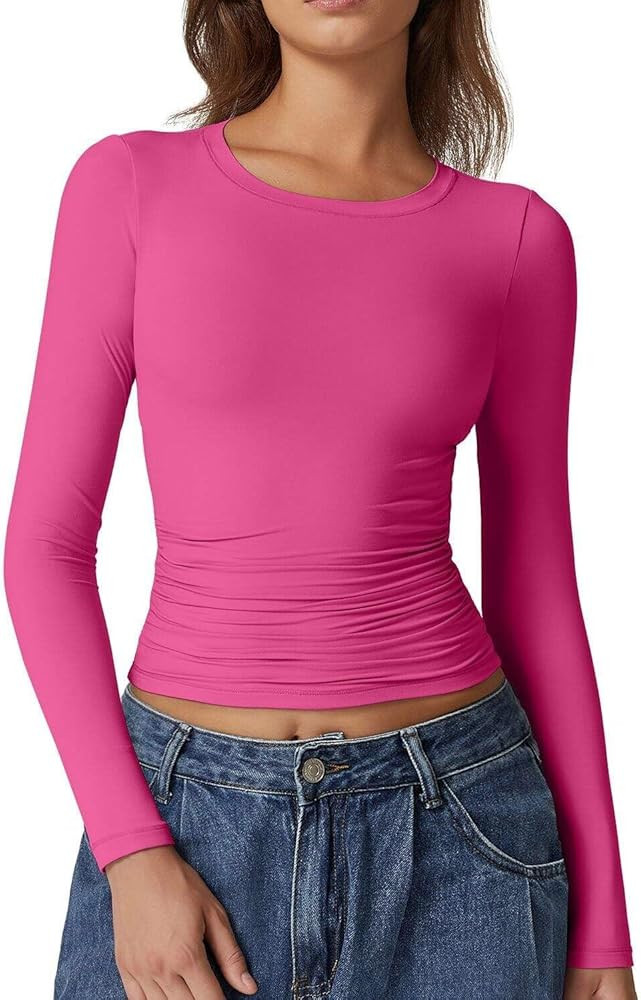 QINSEN Womens Crewneck Long Sleeve Shirt Double Lined Basic Tees Side Ruched Going Out Crop Tops | Amazon (US)