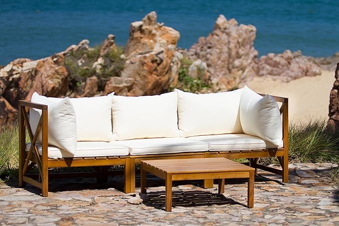 Safavieh Outdoor Collection Lynwood Outdoor Sectional Sofa, Teak Brown and Beige | Amazon (US)