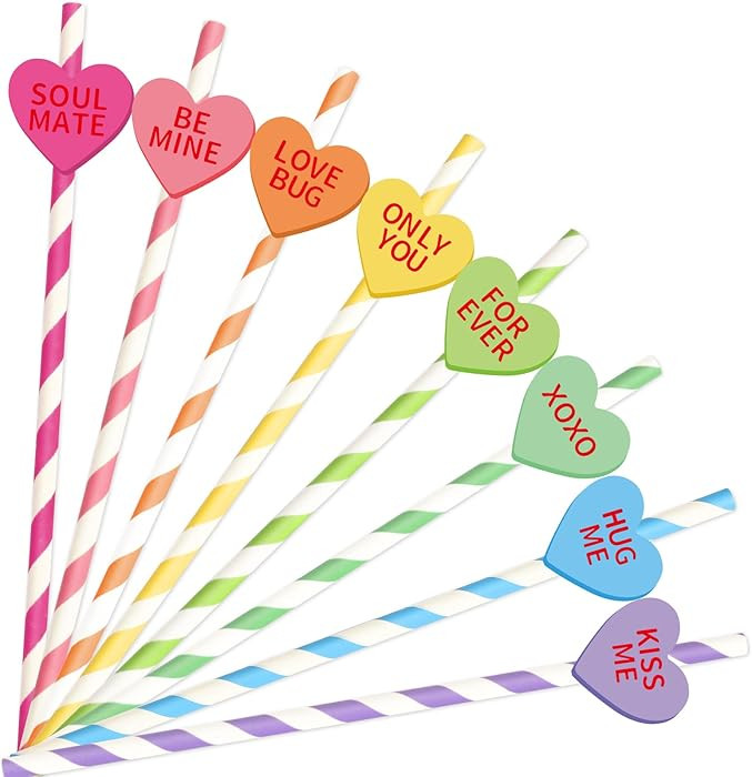 Whaline 60Pcs Valentine's Day Paper Straws Colorful Striped Drinking Straws with 60Pcs Conversati... | Amazon (US)