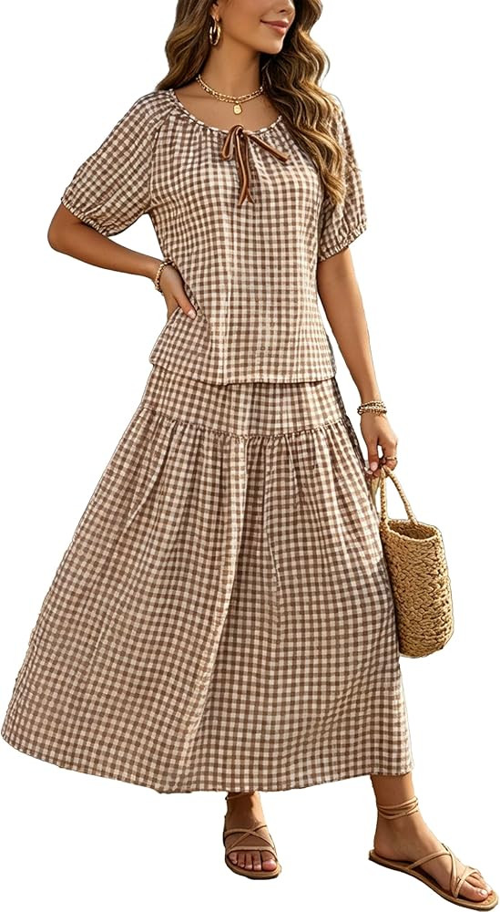 Womens Gingham 2 Piece Skirt Set Puff Sleeve Tie Neck Blouse and Flowy Midi Skirt Casual Summer V... | Amazon (US)