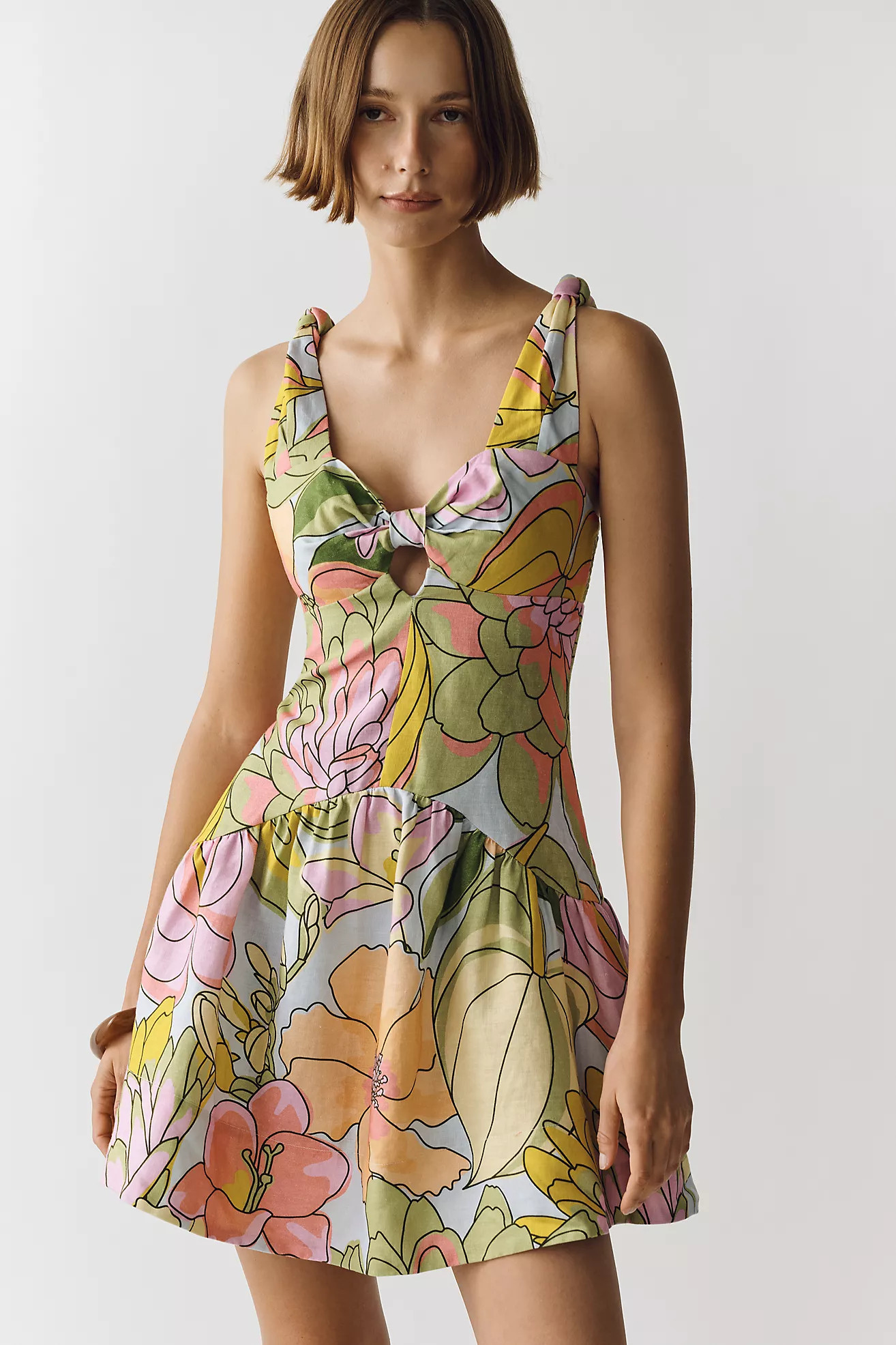 Farm Rio Linen Printed Cutout Mini Dress | Anthropologie (US)