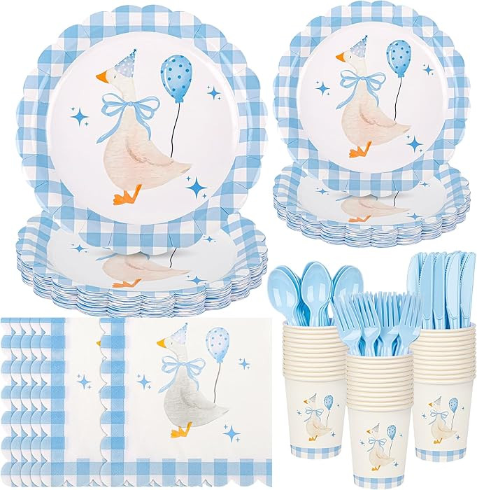 Houuqe 175 PCS One Silly Goose Birthday Party Tableware Set, Blue Gingham Party Supplies for 25 G... | Amazon (US)