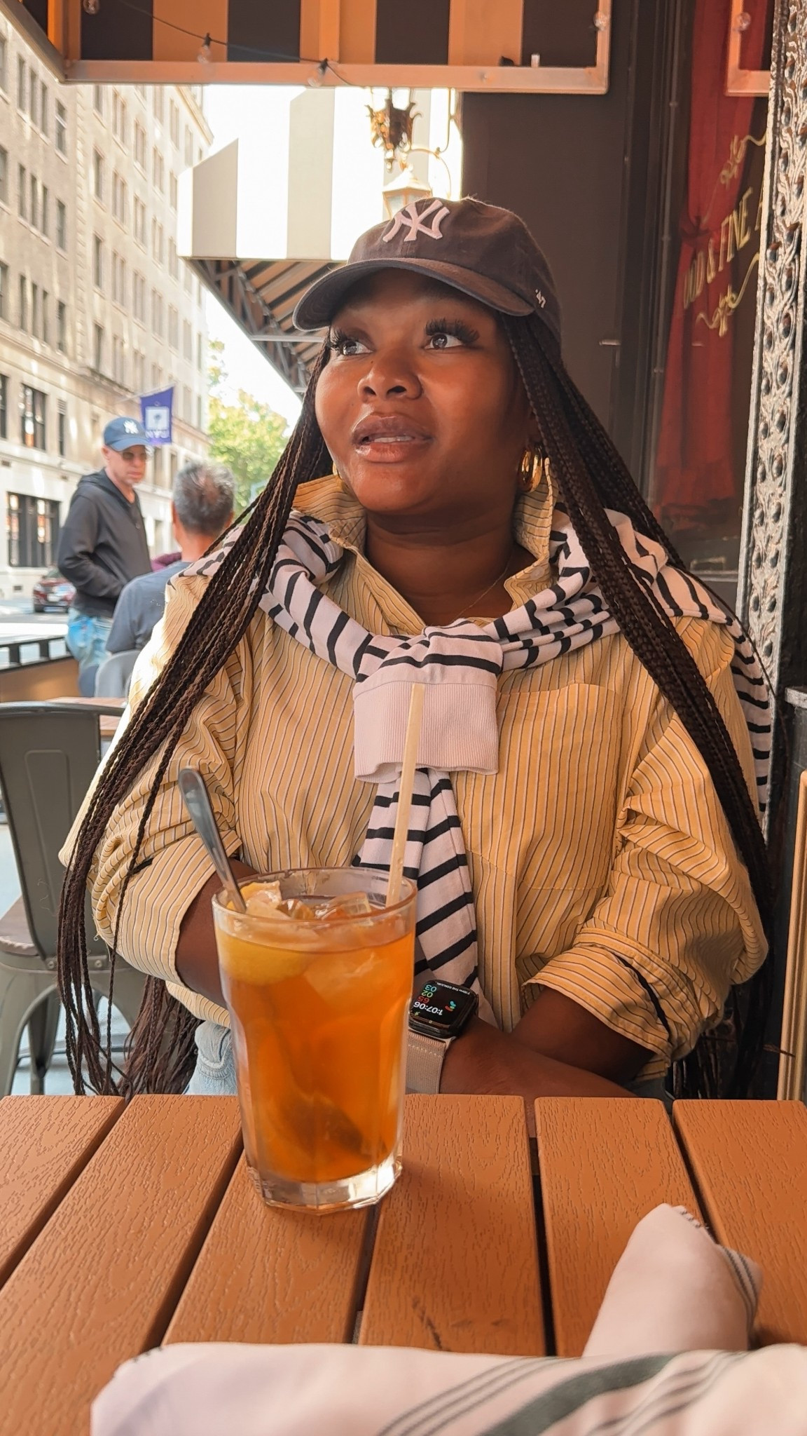 A casual and elevated lunch look 🍹 
I paired this oversized poplin shirt with my fitted baseball cap and a striped long sleeve sweater. 

#LTKFindsUnder50 #LTKStyleTip