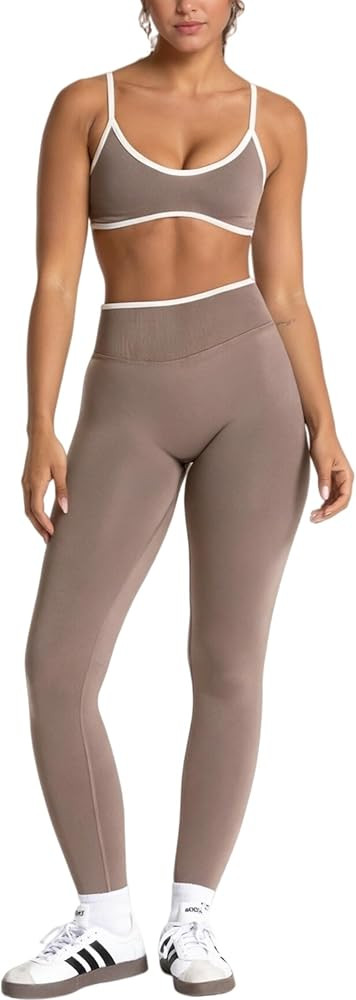 Womens Workout Sets 2 Piece Contrastline Sports Bra Seamless High Wait Butt Lifting Leggings Gym ... | Amazon (US)