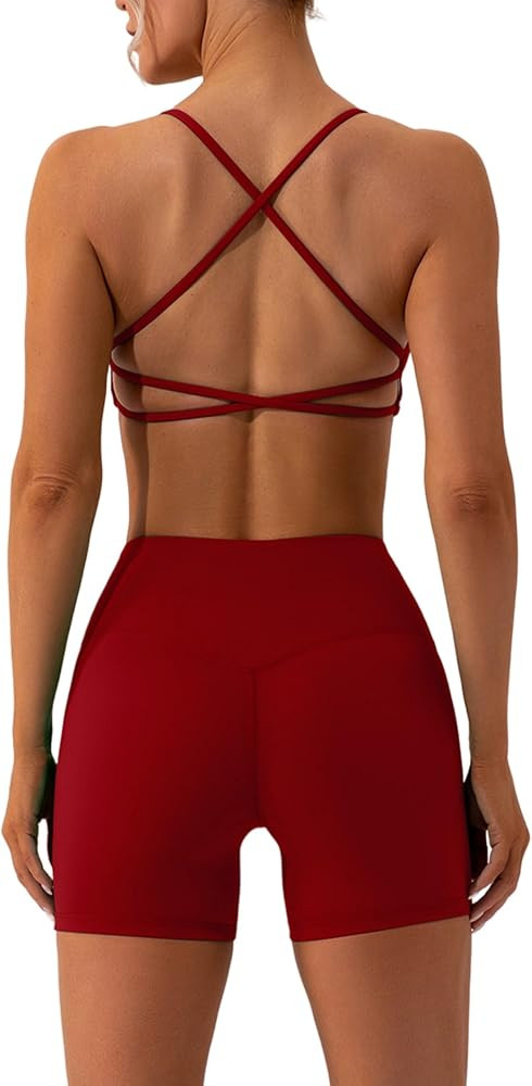 ABOCIW Workout Sets for Women 2 Piece Twist Front Halter Sports Bras High Waist Biker Shorts Exer... | Amazon (US)