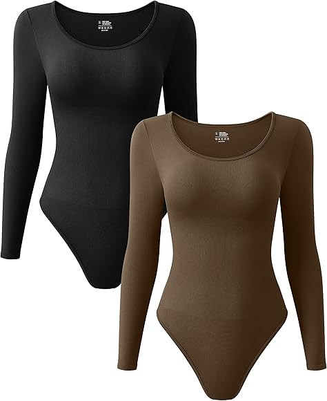 GXIN Women's 2 Piece Ribbed Sexy Bodysuit Scoop Neck Long Sleeve Bodycon Bodysuits | Amazon (US)