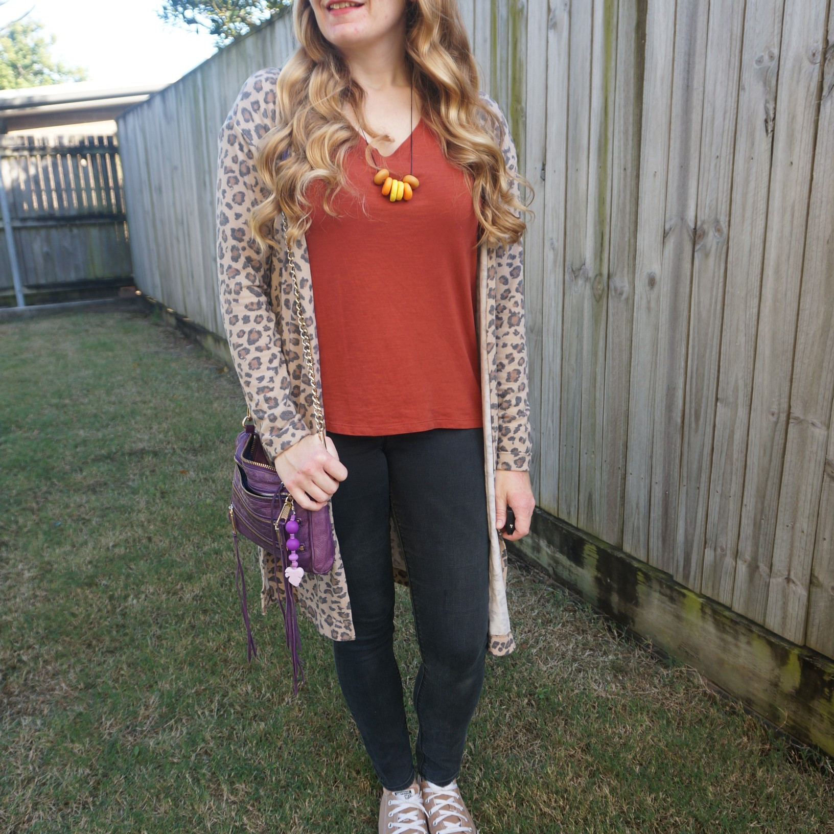 Skinny jeans and rust tee with leopard print cardigan, brown Converse and purple Rebecca Minkoff mini 5-zip bag 💜

#LTKaustralia #LTKspring #LTKbag