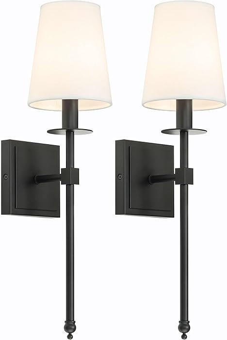 XiNBEi Lighting Black Wall Sconces Set of 2, Classic Sconces Wall Lighting with Flared White Fabr... | Amazon (US)