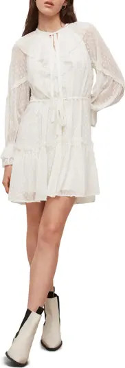 AllSaints Ava Tie Neck Ruffle Bib Long Sleeve Clip Dot Dress | Nordstrom | Nordstrom