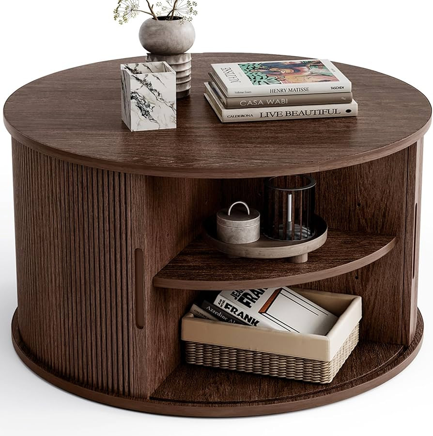 LINSY HOME Round Coffee Table, 31.5" Drum Coffee Table with Sliding Tambour Door, Fluted Accent C... | Amazon (US)