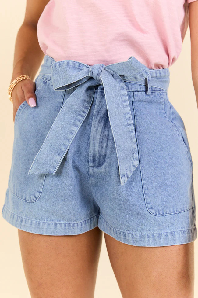 Wherever You Are Light Wash Belted Denim Shorts | Pink Lily
