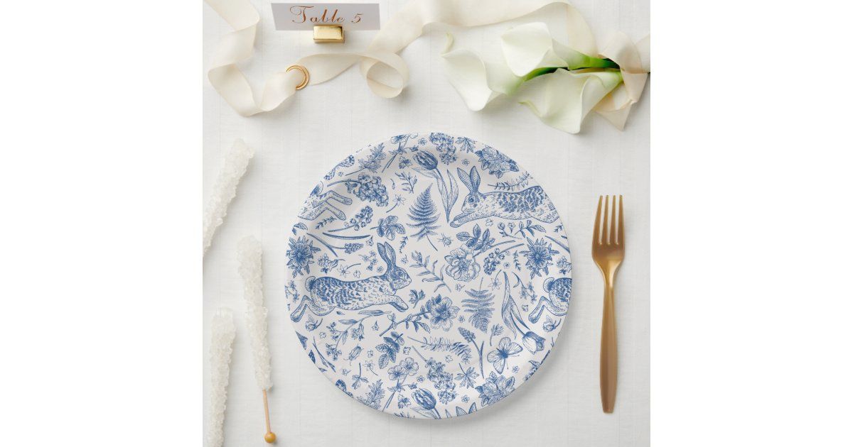 Blue vintage rabbits and spring flowers pattern paper plates | Zazzle | Zazzle