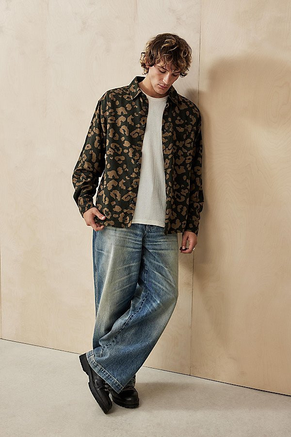 BDG Leopard Print Long Sleeve Shirt in Blue, Men's at Urban Outfitters | Urban Outfitters (US and RoW)