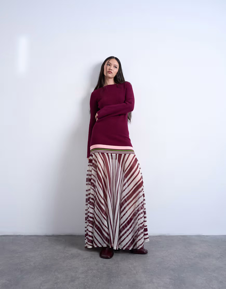 Topshop knit stripe full skirt long sleeve dress in burgundy-Red | ASOS (Global)