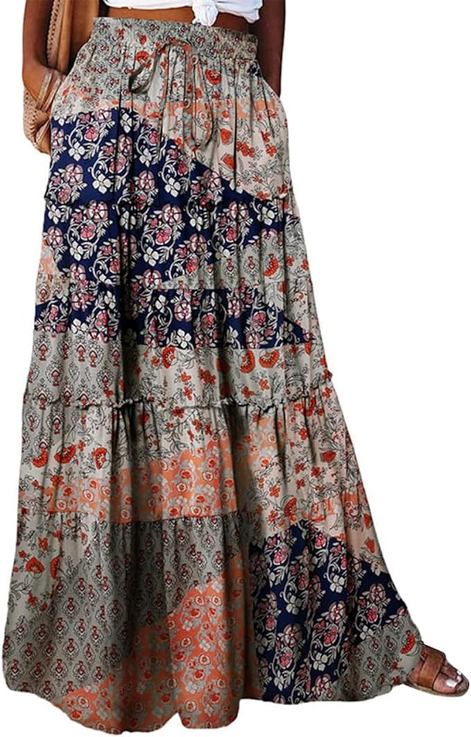 Boho Maxi Skirts for Women 2025 Casual Bohemian Tiered Long Pleated Skirt Hippie High Waisted Ali... | Amazon (US)