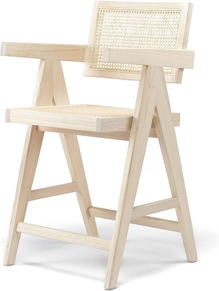Jeanneret Counter Stool with Arms and Back - Mid-Century Modern Design, Teak Wood, Woven Cane, Co... | Amazon (US)