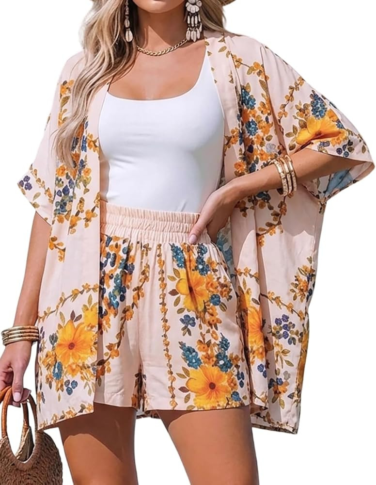 CHICME Women's 2 Piece Outfit Floral Print Cover Up Half Sleeve Blouse Shorts Set Summer Beach Va... | Amazon (US)