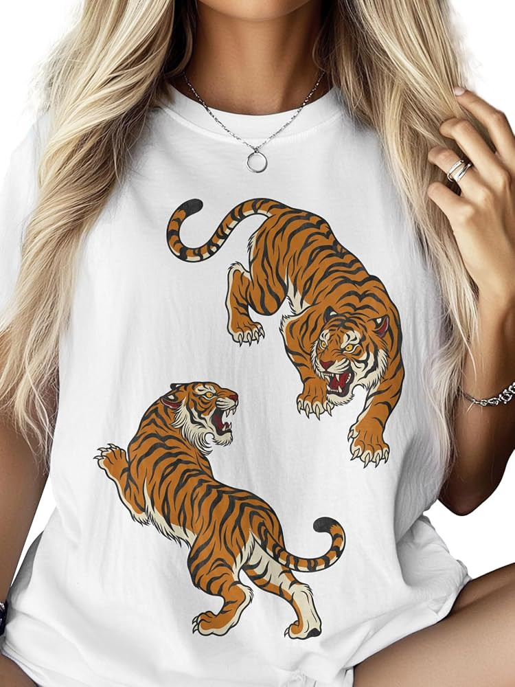 T-Shirts for Women Powerful Animal Orange Tigers Women's Tops Crew Neck Short Sleeve Tees | Amazon (US)