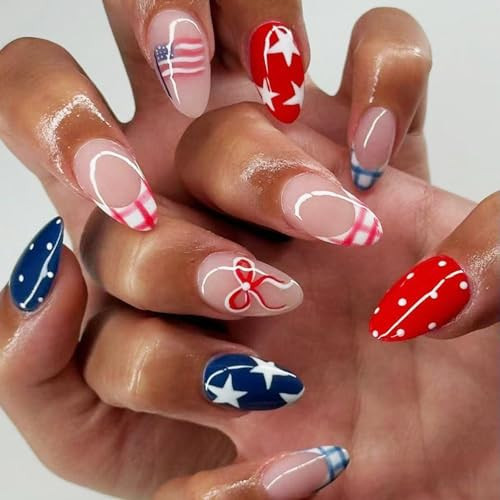 4th of July Press on Nails Medium Oval Fake Nails French Tip Glue on Nail with Star | Polka Dot | Bow Designs Independence Day Press ons Stick on Nail 4th of July Nails for Women Manicure 24Pcs | Amazon (US)