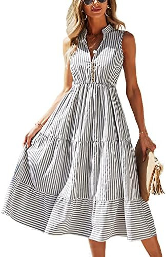 BROVAVE Womens 2026 Summer Sleeveless Shirt Dress Collar Striped V Neck Casual Midi Dresses | Amazon (US)